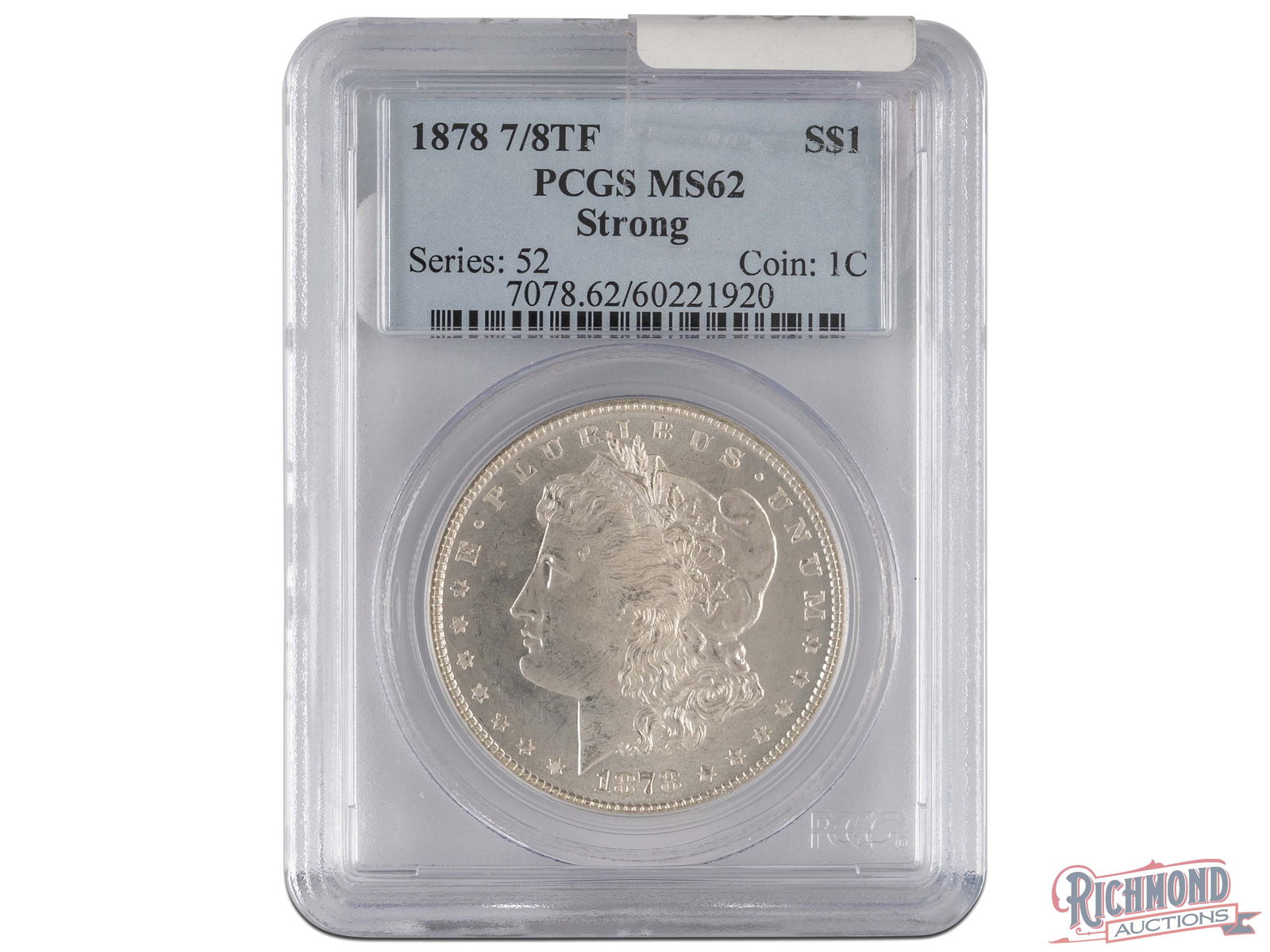 1878 7/8 Tailfeathers $1 Morgan Silver Dollar, PCGS MS-62: In the first year of Morgan Dollar production, the Philadelphia Mint produced some interesting varieties on the reverse of the coin. These were 7/8TF Strong, 8TF, 7TF with the Reverse of 1878, and 7TF