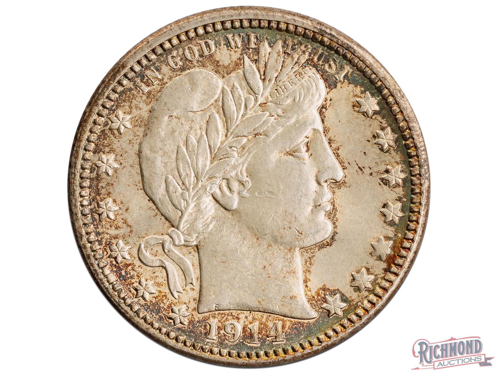 1914-D Barber Quarter in About Uncirculated to Uncirculated Condition: This coin sits on the border of AU and UNC. To be conservative, we will refer to it as About Uncirculated. In low Mint State grades, the coin is relatively common, although it still sells for three-fi