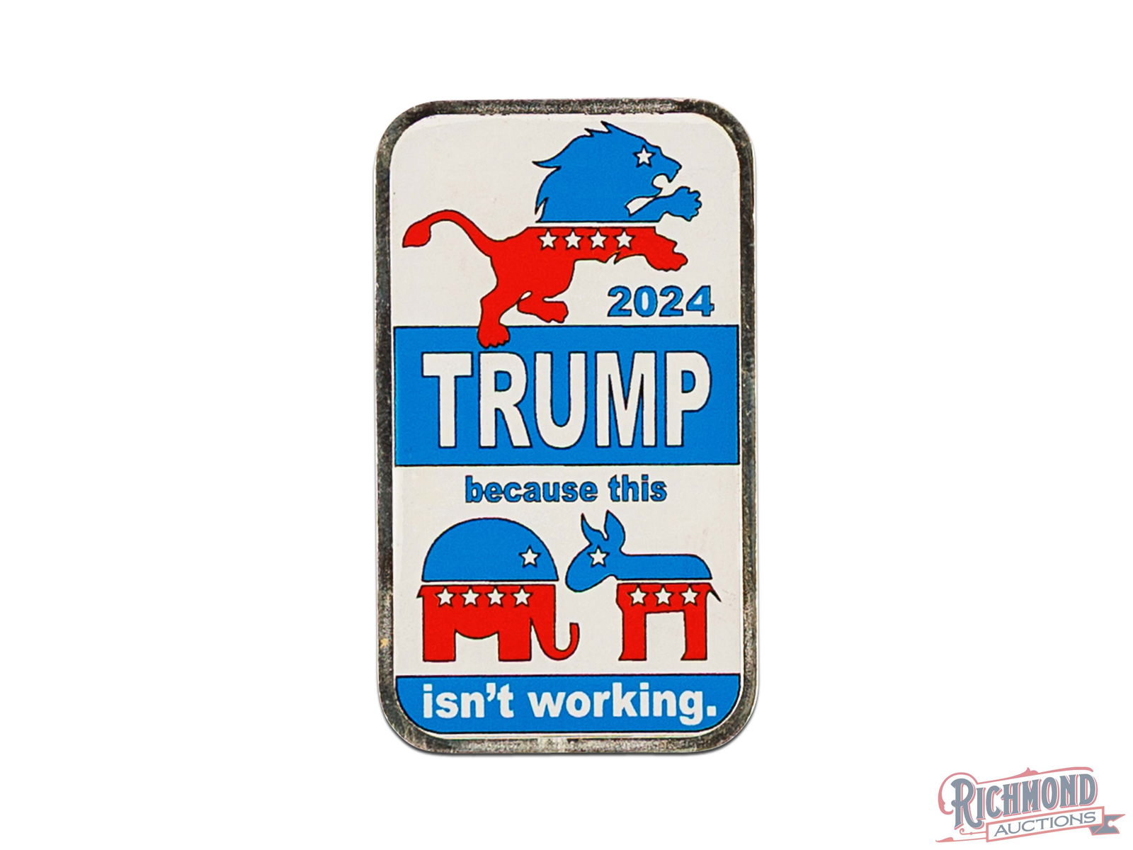 Barrely Living 2024 Election 1 Troy Oz Silver Bar: This one ounce silver bar is colorized and features a voting ballot on the front and a lion, elephant, and donkey graphic on the back. The front text says "Barrely Living, 2024 Election, Controlled Th