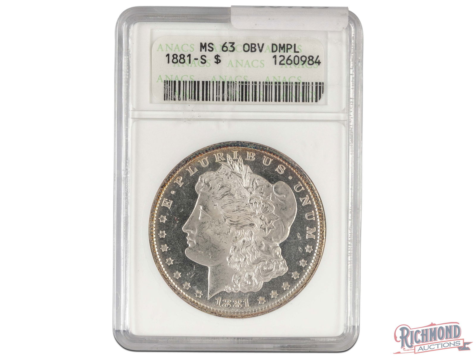 Deep Mirror Prooflike 1881-S Morgan Dollar: The 1881-S Morgan Silver Dollar is among the most available in the series. This ANACS graded example has received the coveted designation of DMPL (Deep Mirror Proof Like) on the obverse. In layman's t