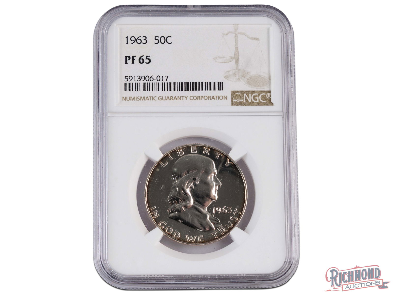 Final Year 1963 Benjamin Franklin Half Dollar: We offer for sale a PF-65 (NGC) Franklin Silver Half Dollar. This coin is made of 90% silver and features a highly reflective surface that is referred to as a proof strike. In grades above PF-68 the p