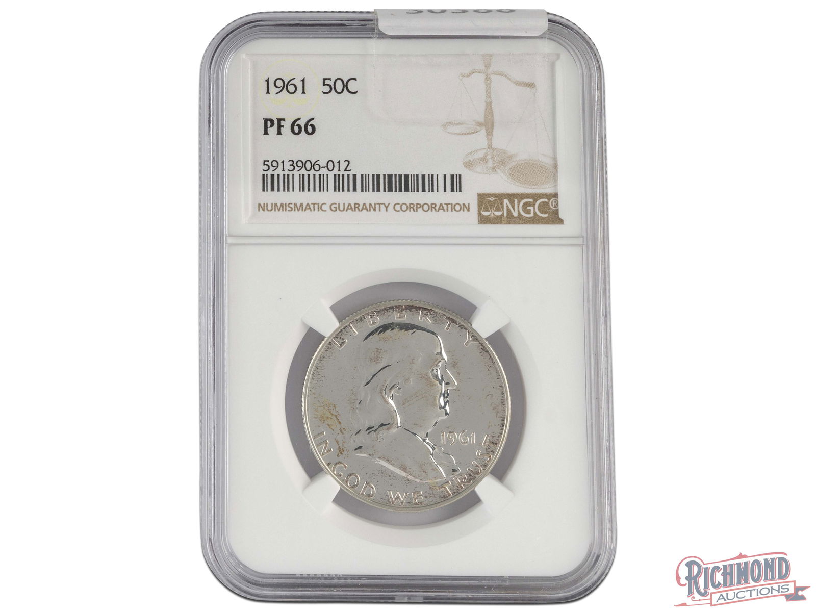 Silver Proof 1961 Ben Franklin Half Dollar: A Gem Proof Franklin Half Dollar is offered here, graded by NGC as PF-66. This coin sports reflective surfaces and huge eye appeal. MANUFACTURER: United States Mint. DESIGNER/SIGNOR: John R. Sinnock a