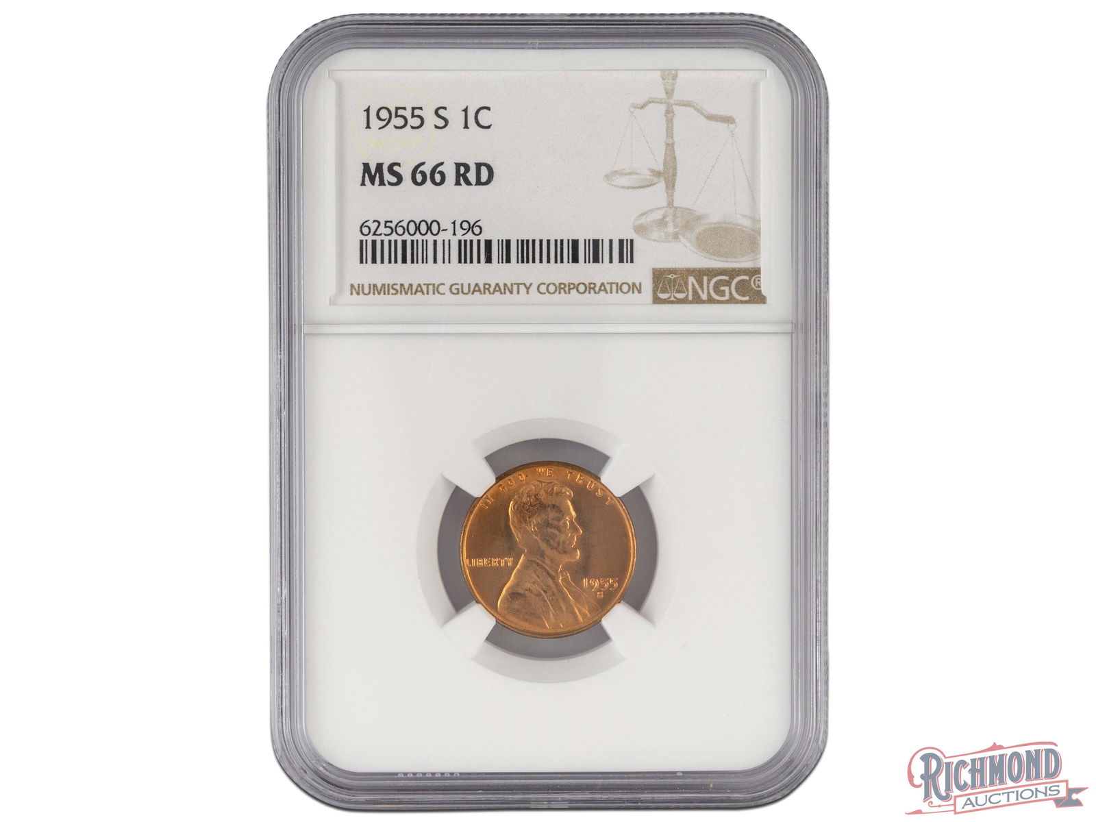 Nice Red-Color 1955-S Wheat Cent, Graded MS-66 RD: When you are buying Lincoln Wheat Cents, color is everything. A true Red color, as shown here, is the most desirable since that is how it would have come from the Mint. Combine that with a high grade,