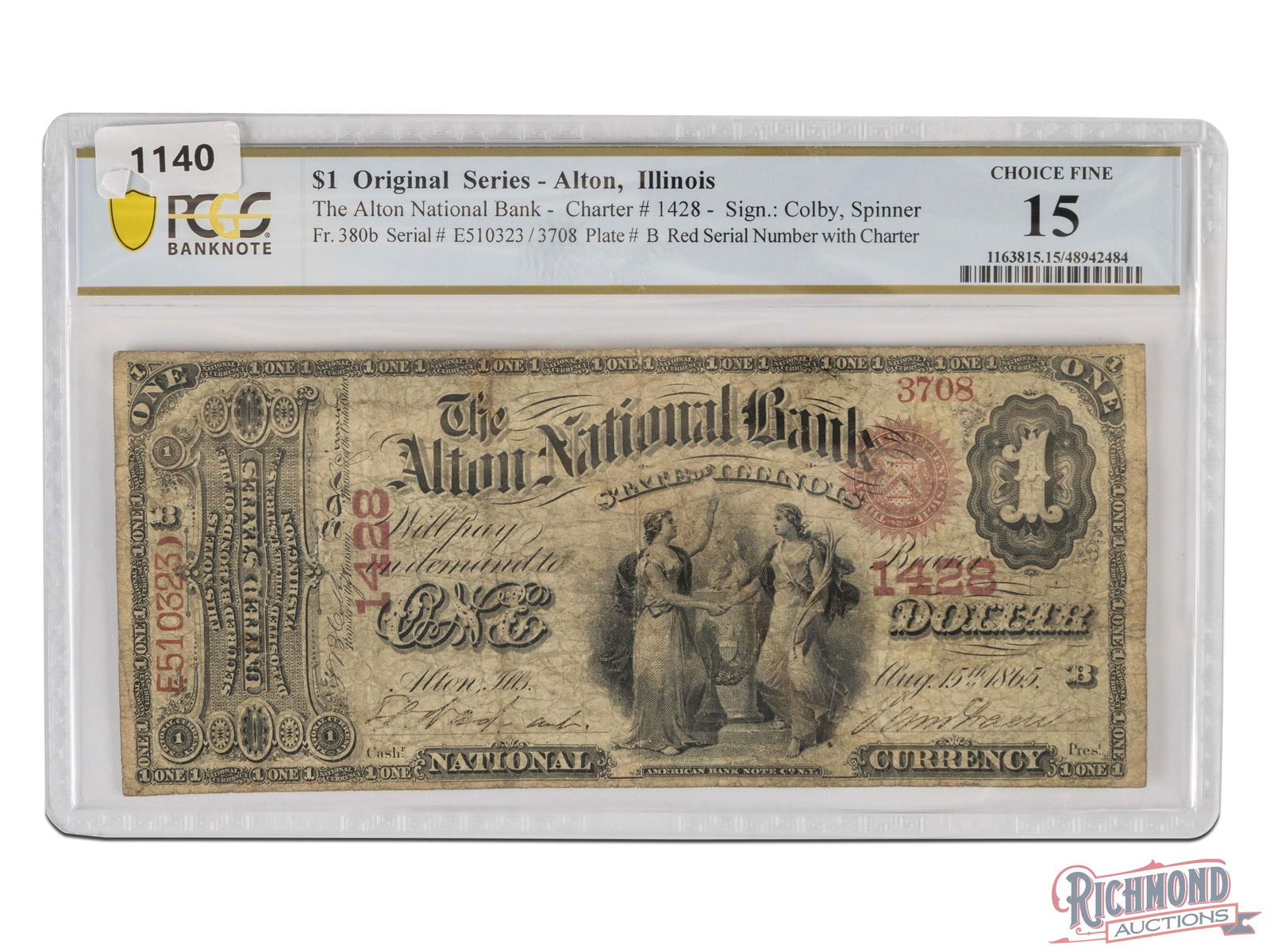 Tough Two Year Variety, 1865 $1 Choice Fine 15: Here is a rarity for the specialist. Original series notes with a charter number were issued for just a short period of time starting in 1873 ending when they were replaced in 1875. The present exampl
