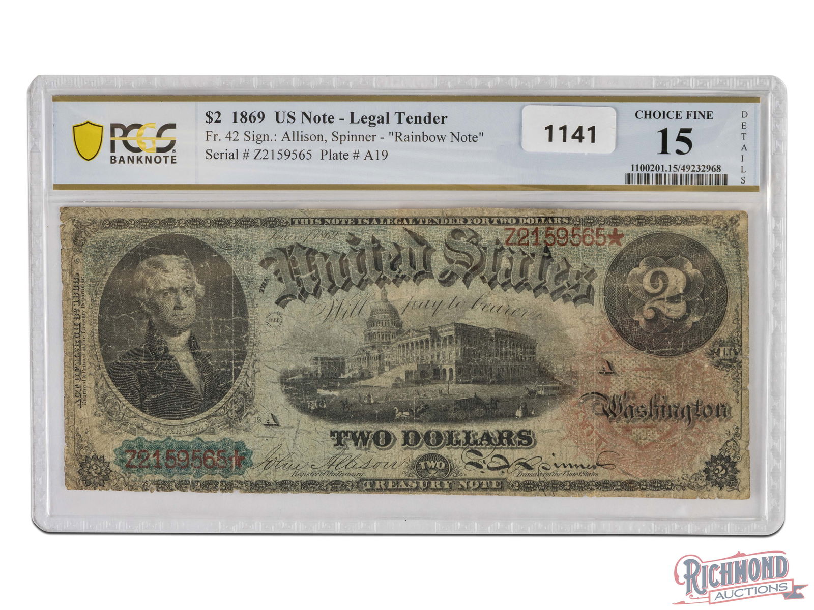 1860s $2 Bill from The Rainbow Series: It's hard to believe, but Thomas Jefferson has been on the two dollar bill since 1869. All legal tender notes from 1869 are printed on paper with blue and red hues built into the paper itself (not pri