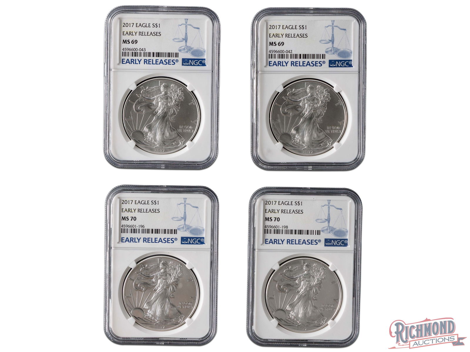 Lot of 4 1oz American Silver Eagles, NGC MS-69 (2) and MS-70 (2) (1 of 2)
