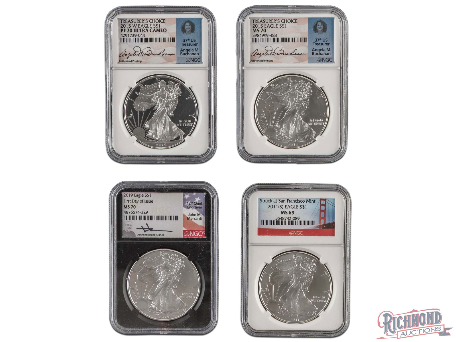 Lot of 4 1oz American Silver Eagles, NGC MS-69, MS-70 (2), and PR-70 (1 of 2)