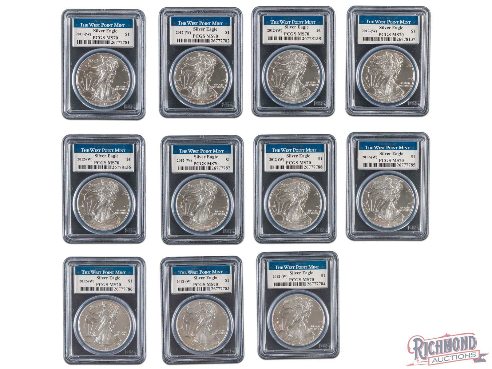 Lot of 11 1oz American Silver Eagles, PCGS MS-70 (1 of 2)