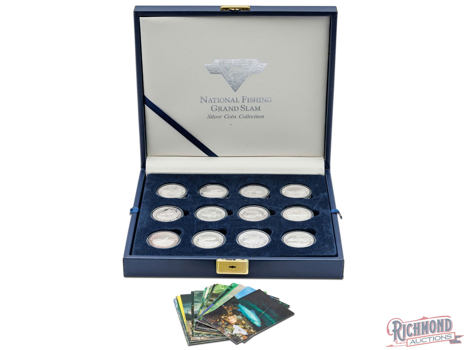 National Fishing Grand Slam Silver Coin Set with 12 1 oz Coins: National Fishing Grand Slam Silver Coin Set. 0.999 fine purity. (12 oz, 373.248 grams ASW). Housed in its original box. PURITY: 0.999.