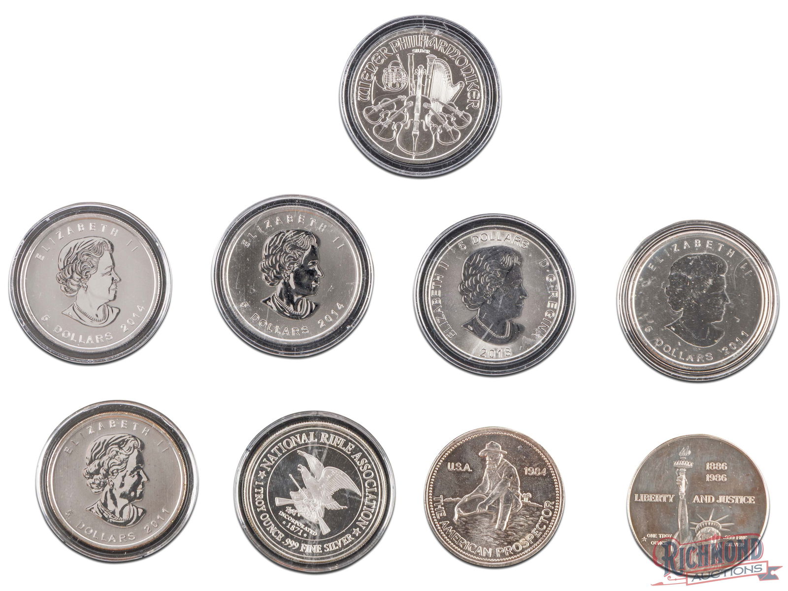 Lot of 9 1 oz Silver Rounds (1 of 2)