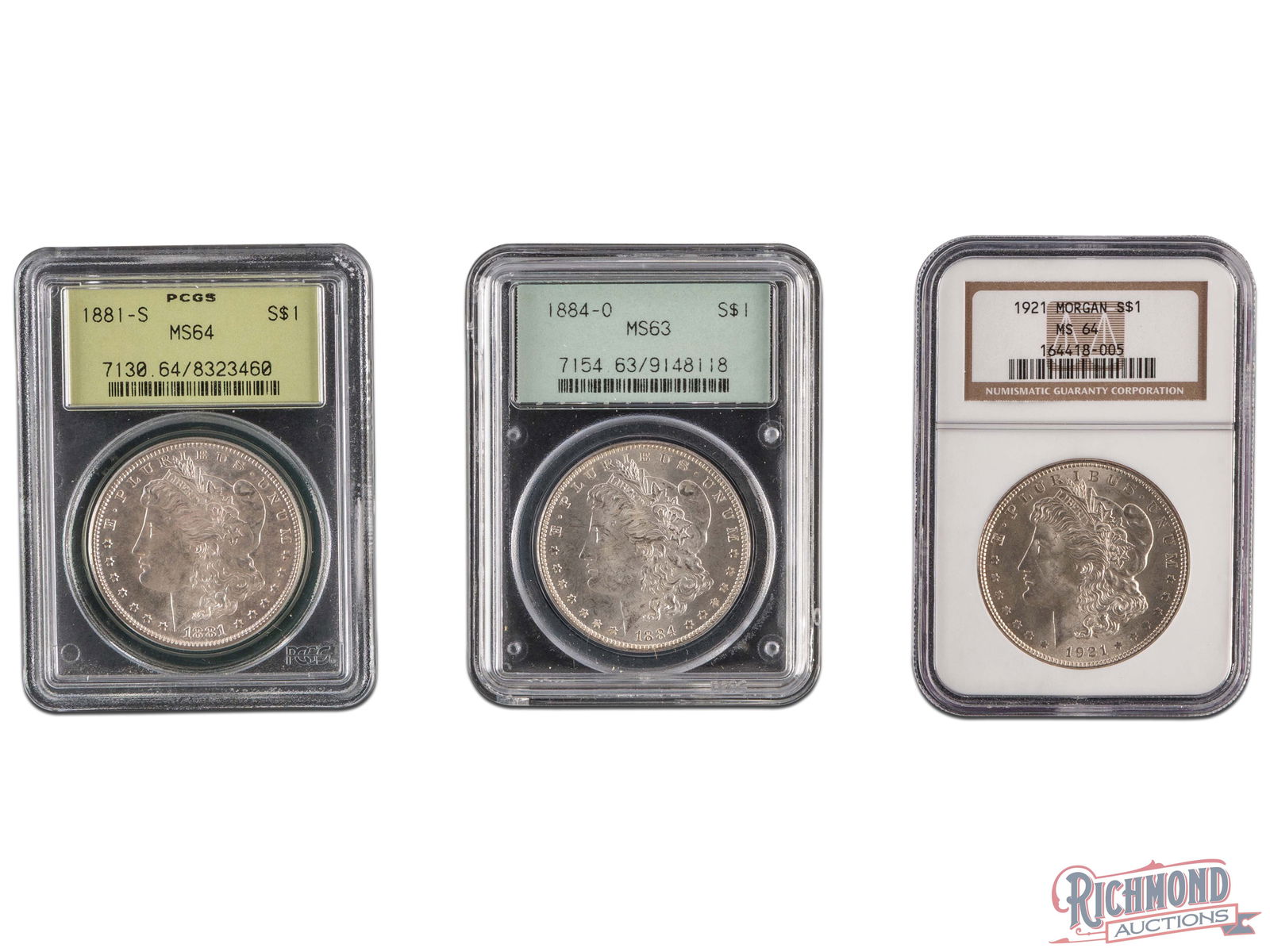 Lot of 3 Silver Dollars, 1881-S PCGS MS-64, 1884-O PCGS MS-63, 1921 NGC MS-64 (1 of 2)