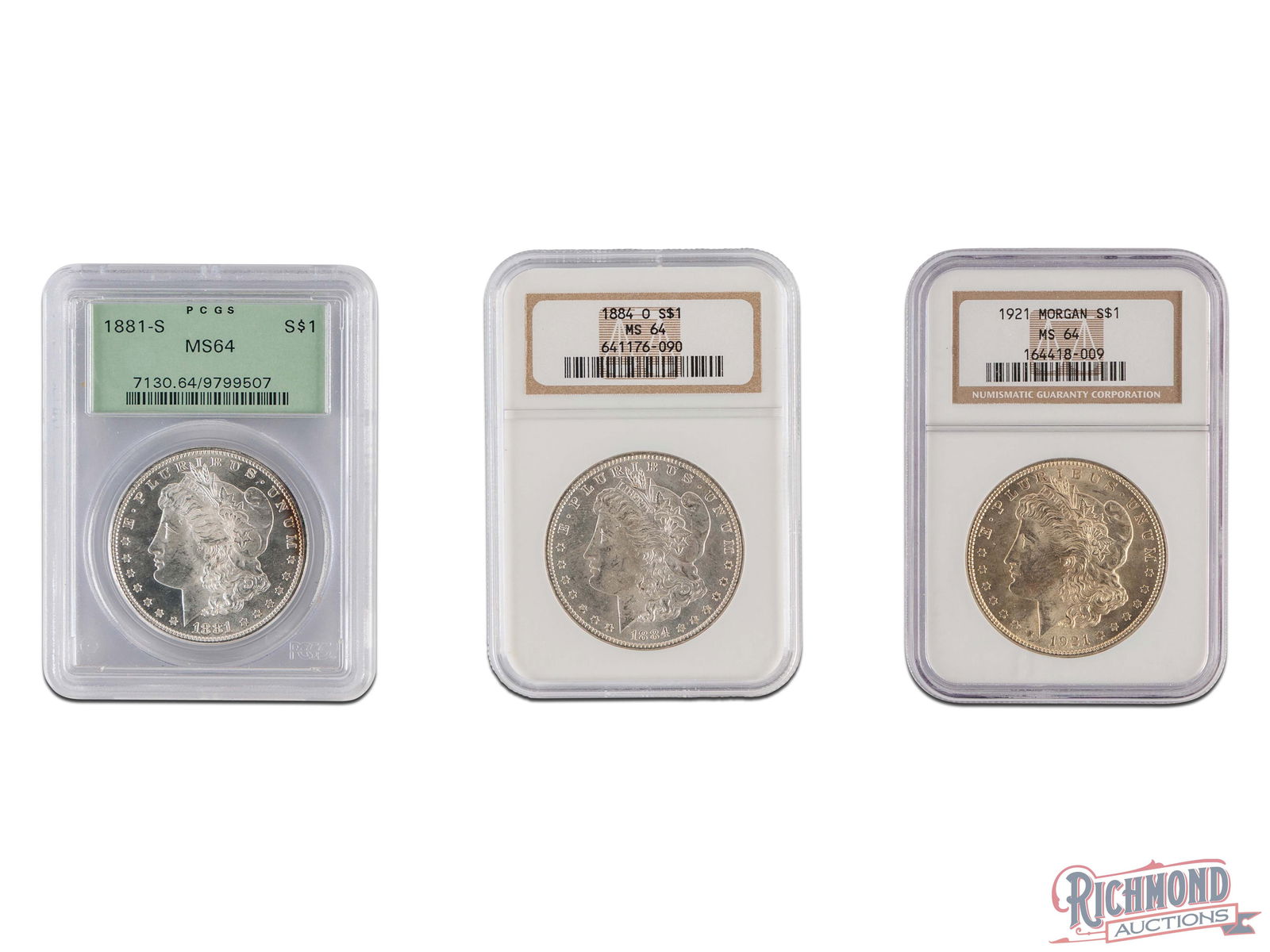 Lot of 3 Silver Dollars, 1881-S PCGS MS-64, 1884-O NGC MS-64, 1921 NGC MS-64 (1 of 2)
