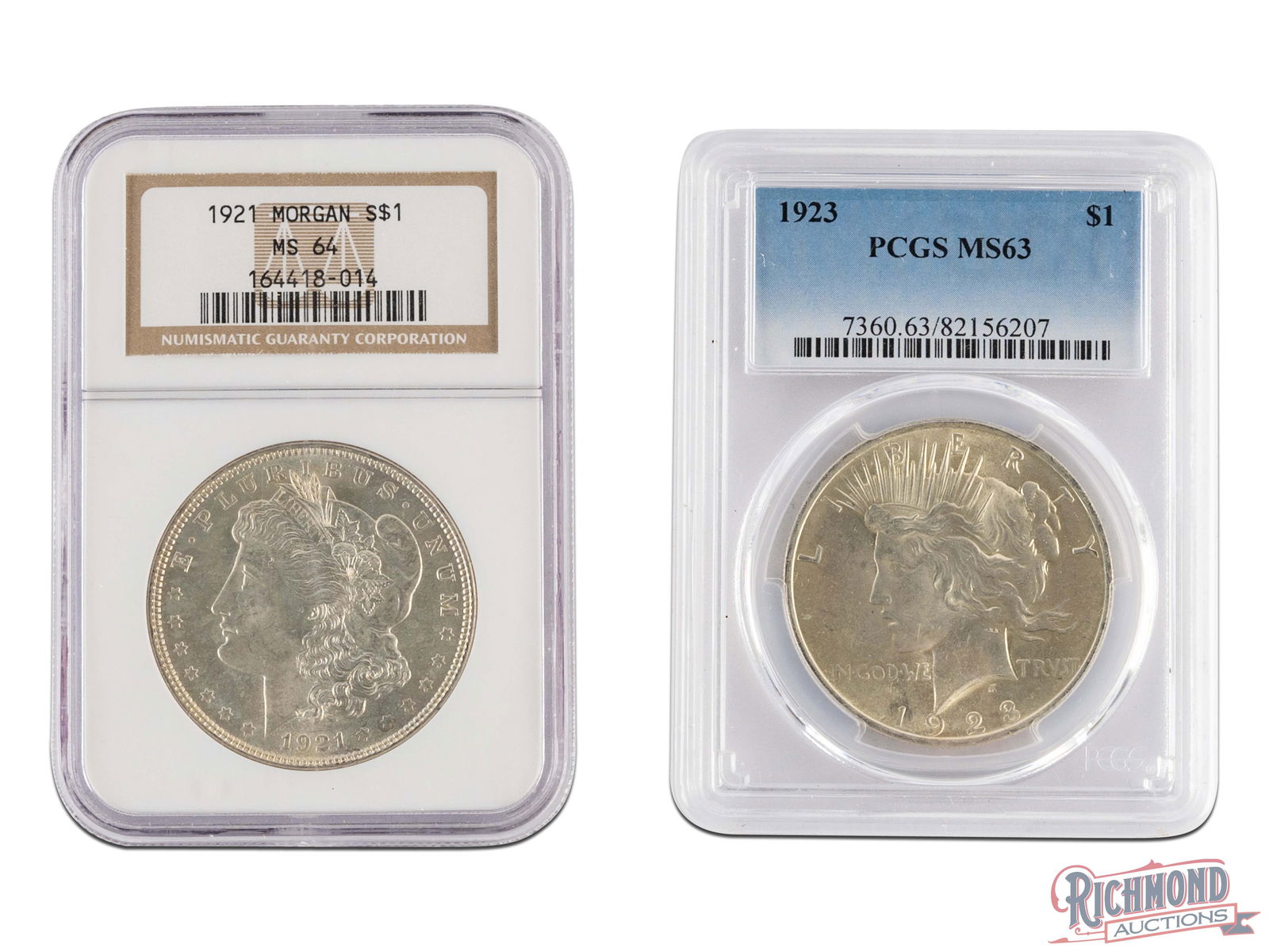 Lot of 2 Graded Silver Dollars - NGC MS-64 1921 Morgan Dollar and PCGS MS-63 1923 Peace Dollar (1 of 2)
