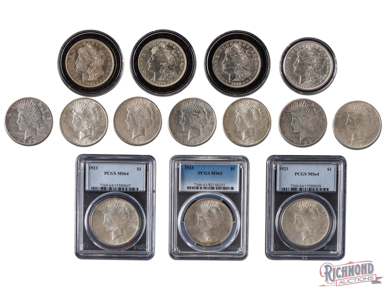 Lot of 14 Silver Dollars, some raw and some certified (1 of 2)