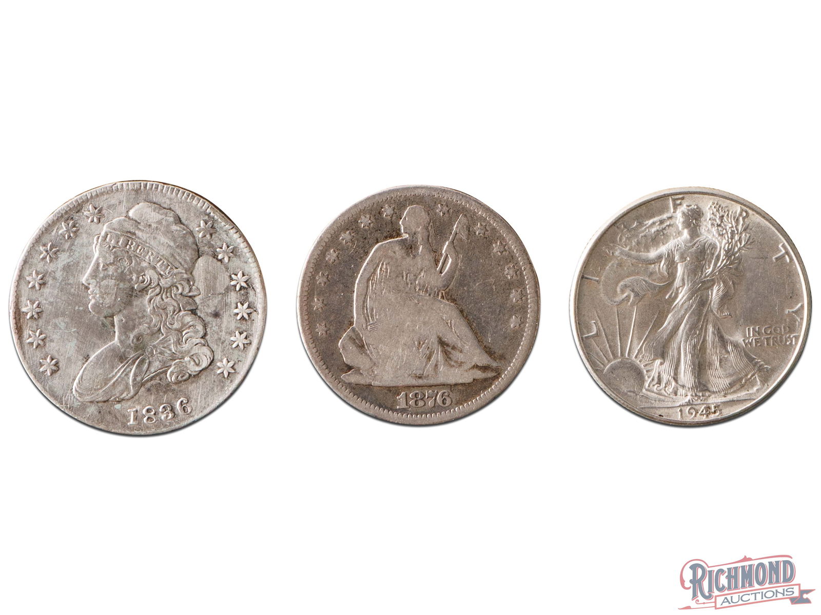 Three Half Dollar Coin Lot - 1836 Capped Bust, 1876-S Liberty Seated, 1945 Walking Liberty (1 of 2)
