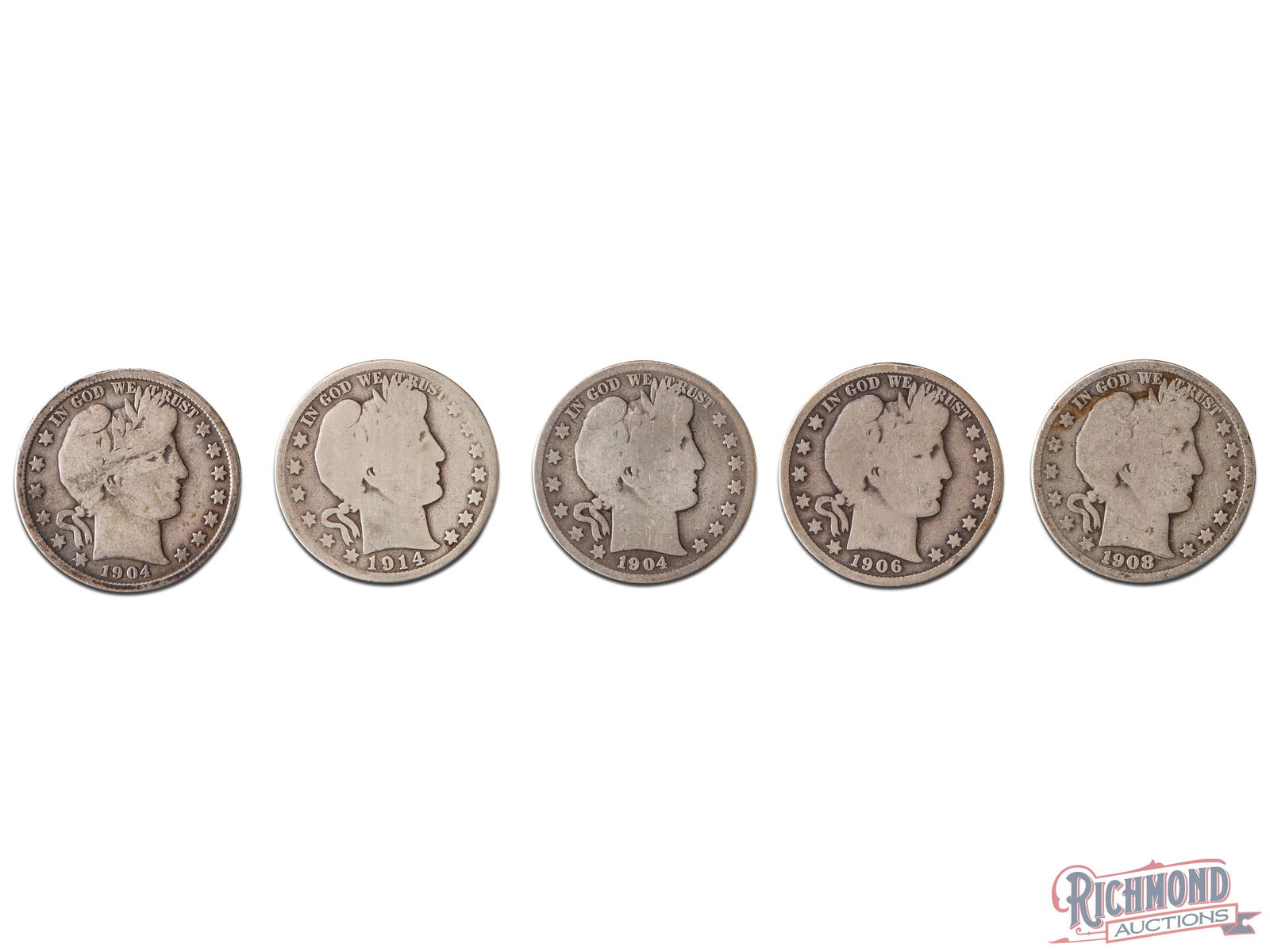 5 Barber Halves, 1904, 1906, 1914, 1904-S, 1908, G-F Condition (1 of 2)
