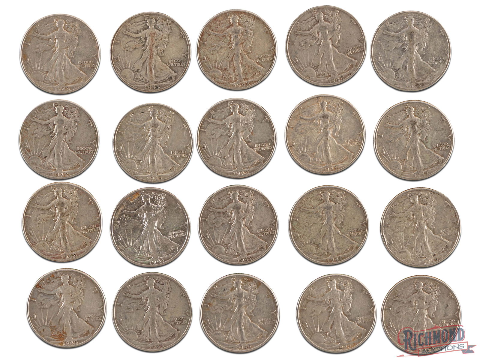 Roll of 20 Various Date Walking Liberty Half Dollars, G-VF Condition (1 of 2)