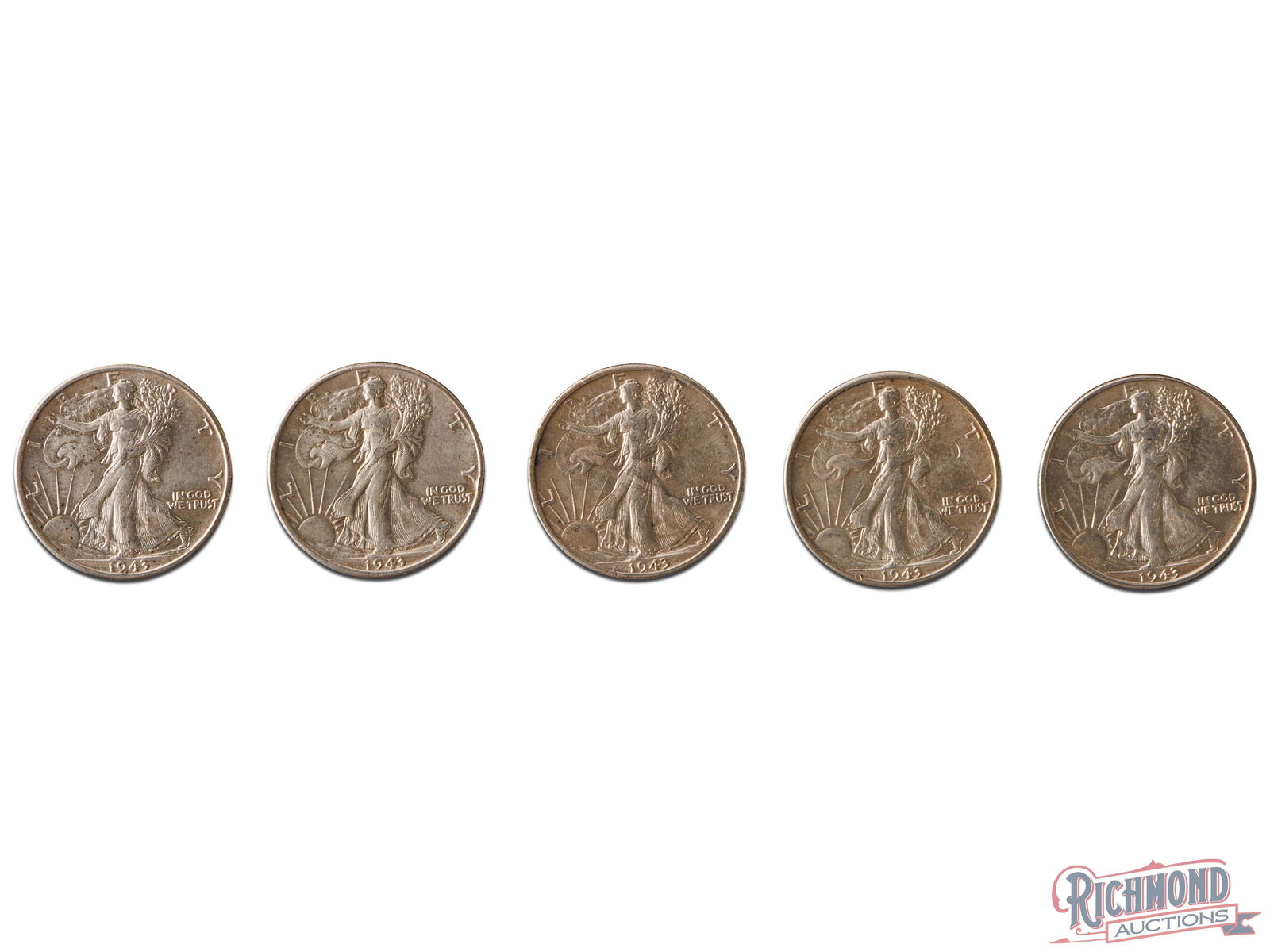 5 Walking Liberty Halves, 1943, 1943, 1943, 1943-D, 1943-D, VF-XF Condition (1 of 2)