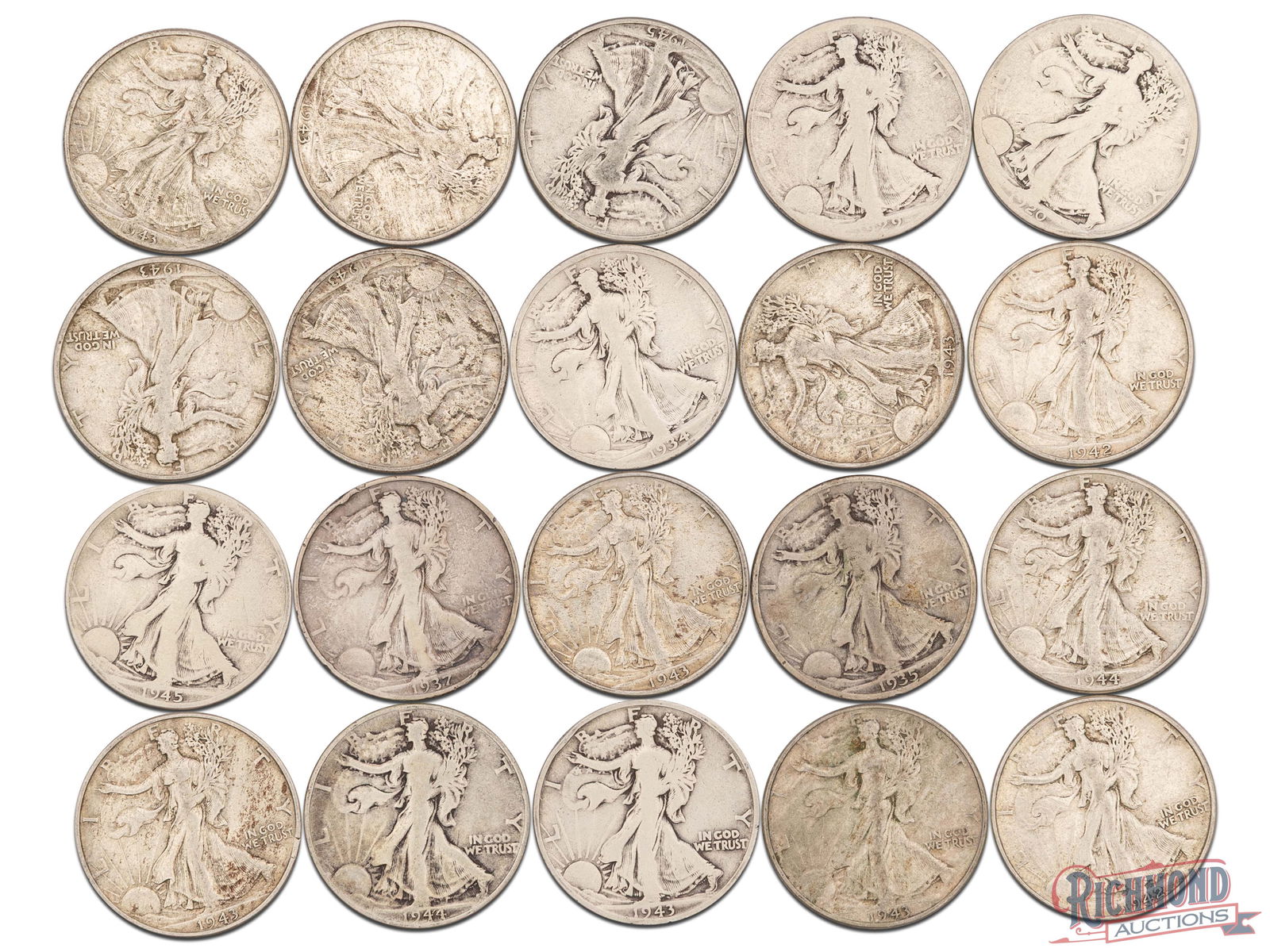 Roll of 20 Various Date Walking Liberty Half Dollars, G-VF Condition (1 of 2)