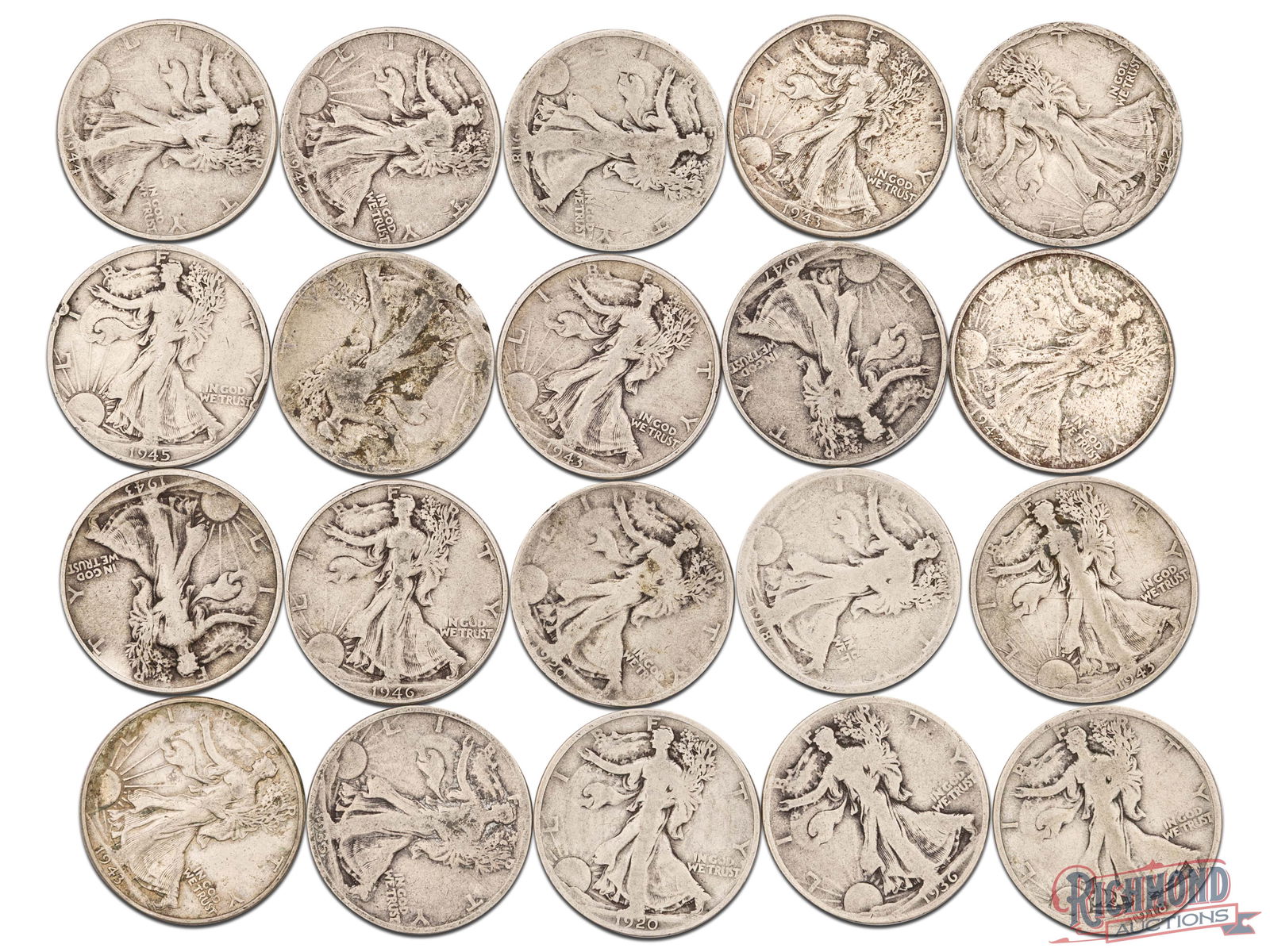 Roll of 20 Various Date Walking Liberty Half Dollars, G-VF Condition (1 of 2)