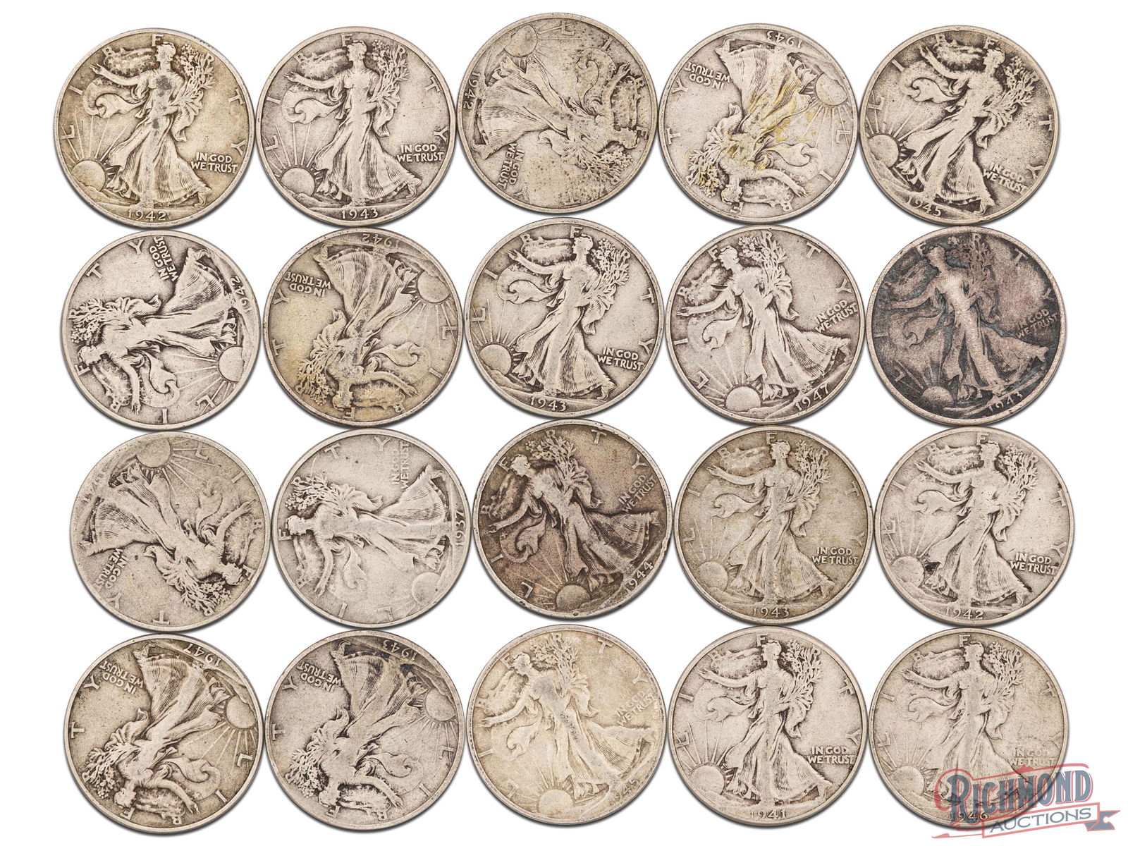 Roll of 20 Various Date Walking Liberty Half Dollars, G-VF Condition (1 of 2)
