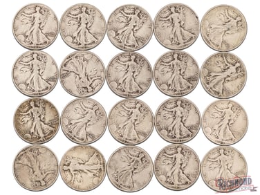 Roll of 20 Various Date Walking Liberty Half Dollars, G-VF Condition