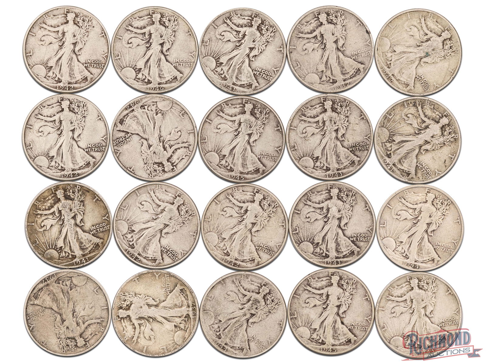 Roll of 20 Various Date Walking Liberty Half Dollars, G-VF Condition (1 of 2)