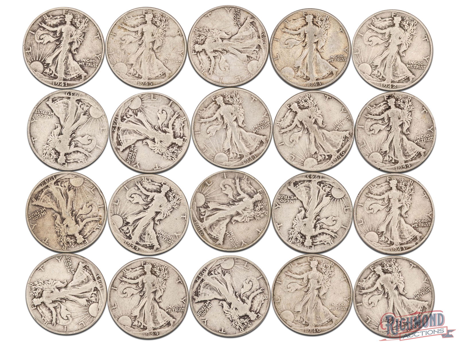 Roll of 20 Various Date Walking Liberty Half Dollars, G-VF Condition (1 of 2)