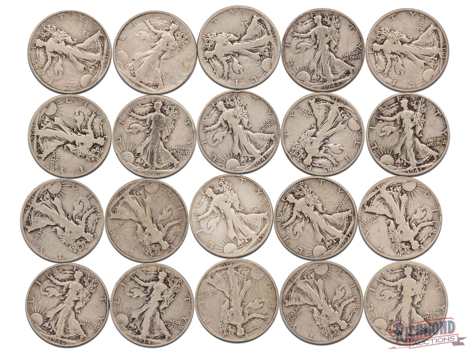 Roll of 20 Various Date Walking Liberty Half Dollars, G-VF Condition (1 of 2)