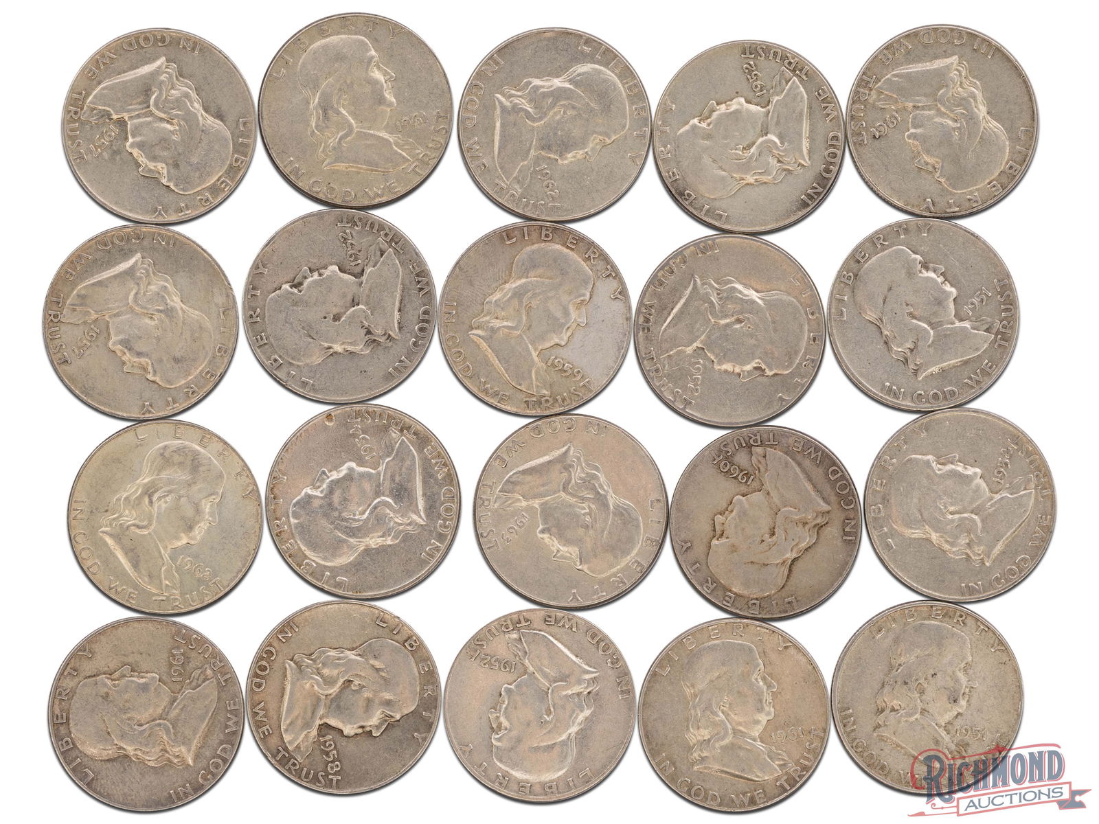 Roll of 20 Various Date Franklin Half Dollars, VF-AU Condition (1 of 2)