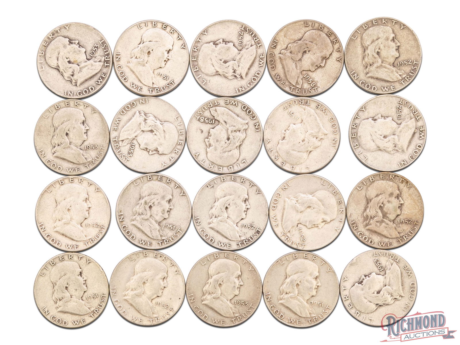 Roll of 20 Various Date Franklin Half Dollars, VF-AU Condition (1 of 2)
