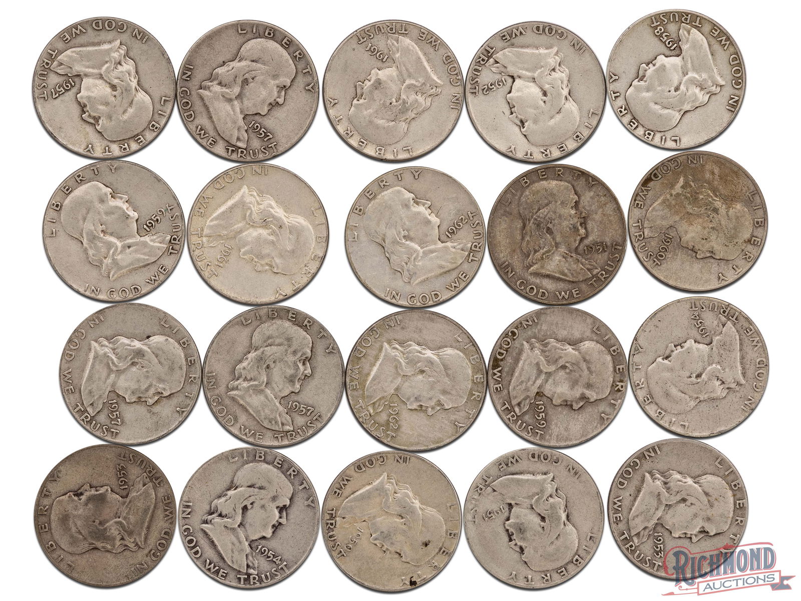 Roll of 20 Various Date Franklin Half Dollars, VF-AU Condition (1 of 2)