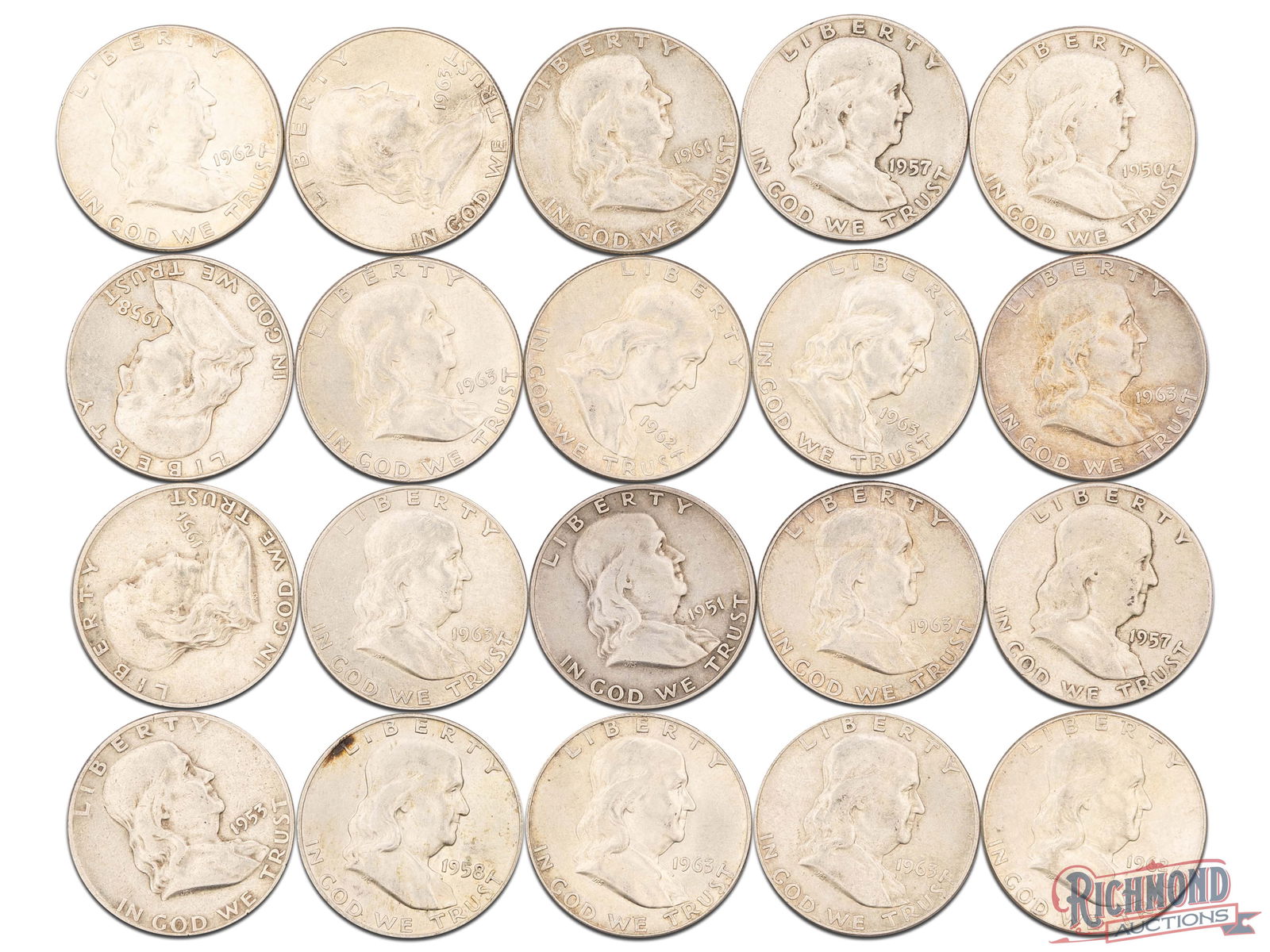 Roll of 20 Various Date Franklin Half Dollars, VF-AU Condition (1 of 2)