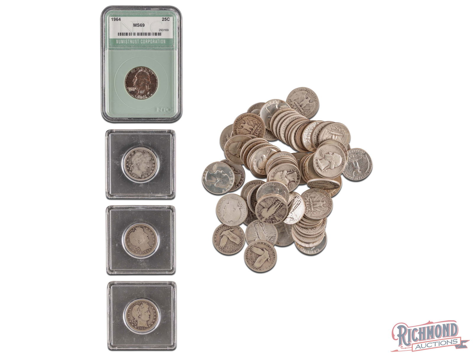 75 Coins, Mixed Date Quarters - Barber, Standing Liberty & Washington, Various Conditions (1 of 2)