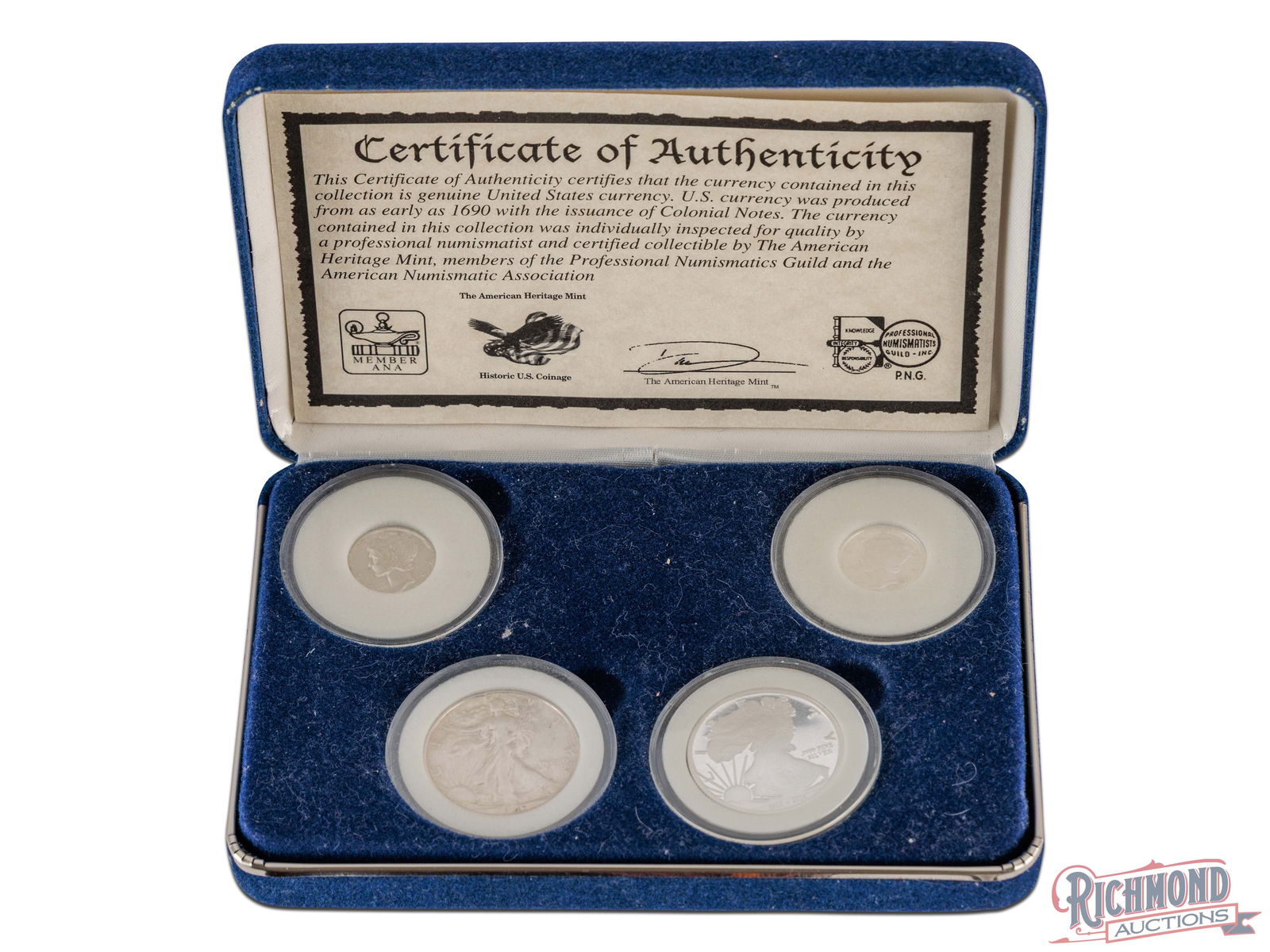 National Collectors Mint Set w/ 1 Silver Dime, 1 Silver Half, 1/10oz Round and 1 1/4oz Round (1 of 3)
