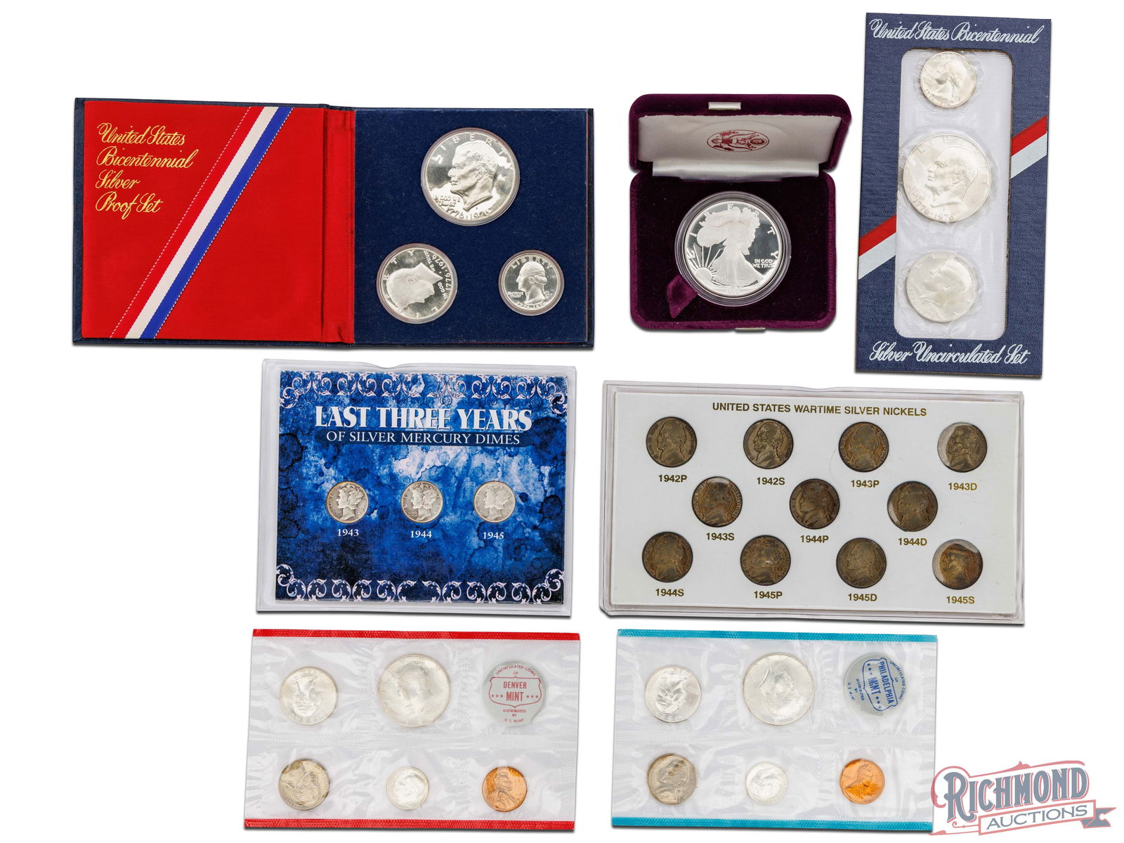 Silver Set Lot - 1986 Proof Silver Eagle, '64 Mint Set, Wartime Nickel Set, Mercury Dime Set (1 of 2)