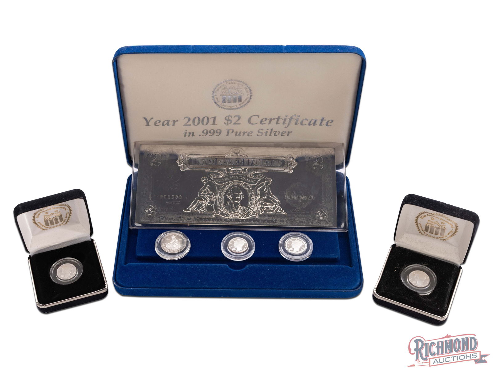 4 1/10oz Silver Coins, 1/4 oz Silver Round, 1 0.999 Silver $2 Bill: Group Lot of Silver Bullion. Included in the lot are (4) 1/10oz Silver Rounds, (1) 1/4oz Silver Round, and (1) 0.999 Fine Silver $2 Bill. PURITY: 0.999.