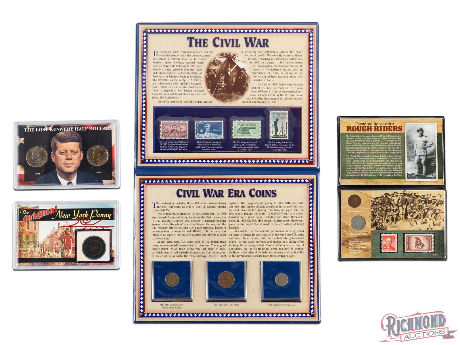 4 Collector Sets - Lost Kennedy Half, Original NY Penny, Civil War Era, Roosevelt's Rough Riders: Group Lot of Collectors Sets. Included in the lot is The Lost Kennedy Half Dollars Set, The Original New York Penny Set, Civil War Era Coins Set, and Theodore Roosevelt's Rough Riders Set.