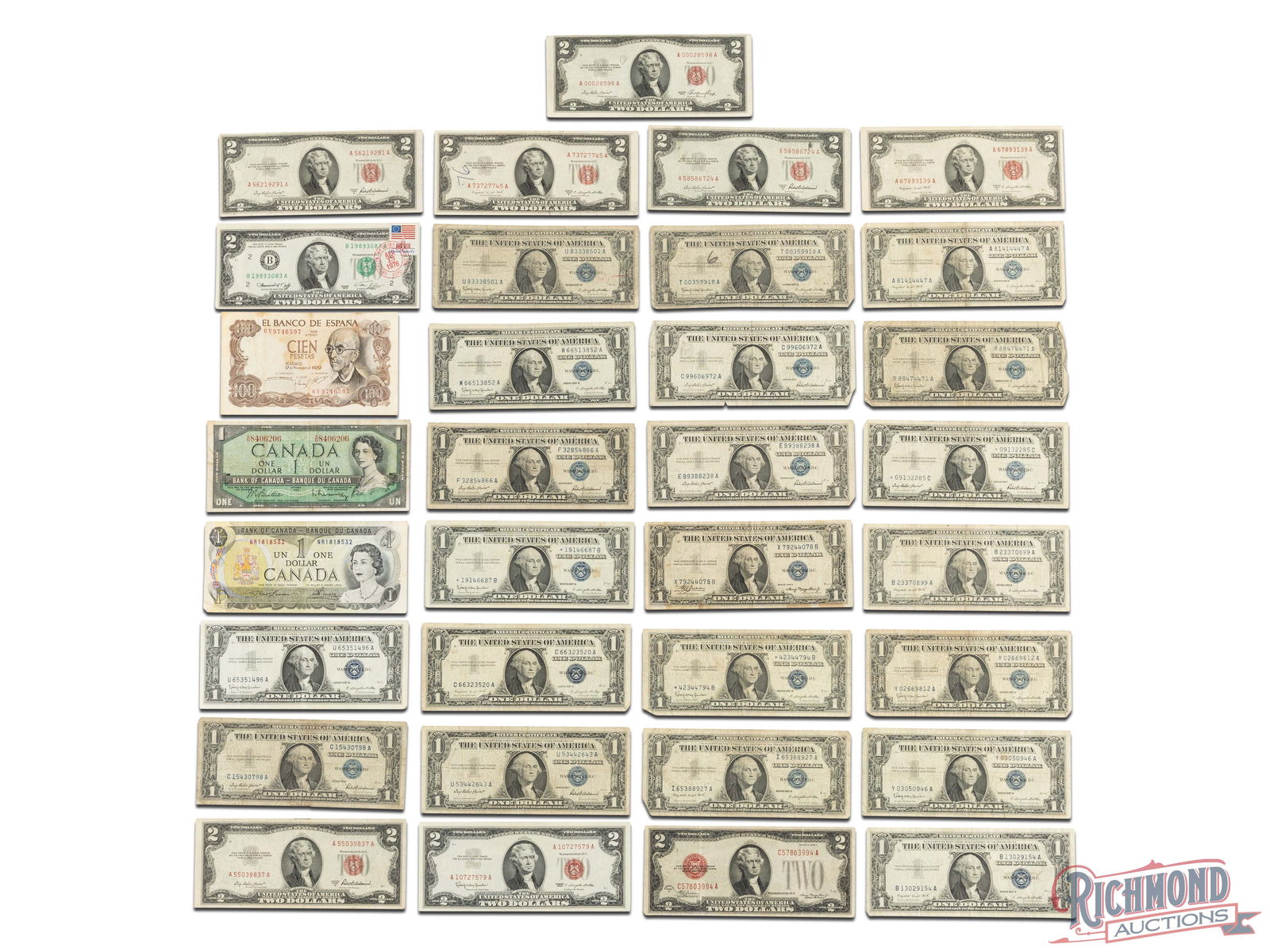 Group Lot of Various U.S. and Foreign Currency, Mostly $1 and $2 from 1928-1957 (1 of 2)