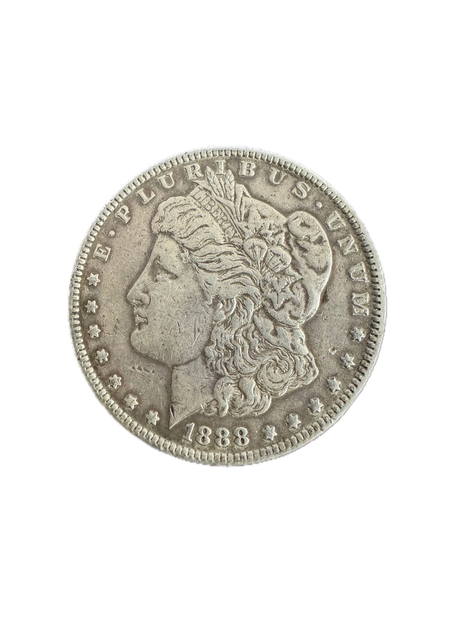 1888-O Morgan Silver Dollar: 1888-O Morgan Silver Dollar. MANUFACTURER: United States Mint. DESIGNER/SIGNOR: George T. Morgan. MINTAGE: 12150000. EDGE: Reeded.