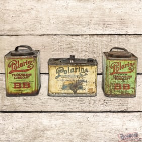 Group of 3 Standard Oil Polarine Metal Cans Half Gallon & Transmission Lubricants