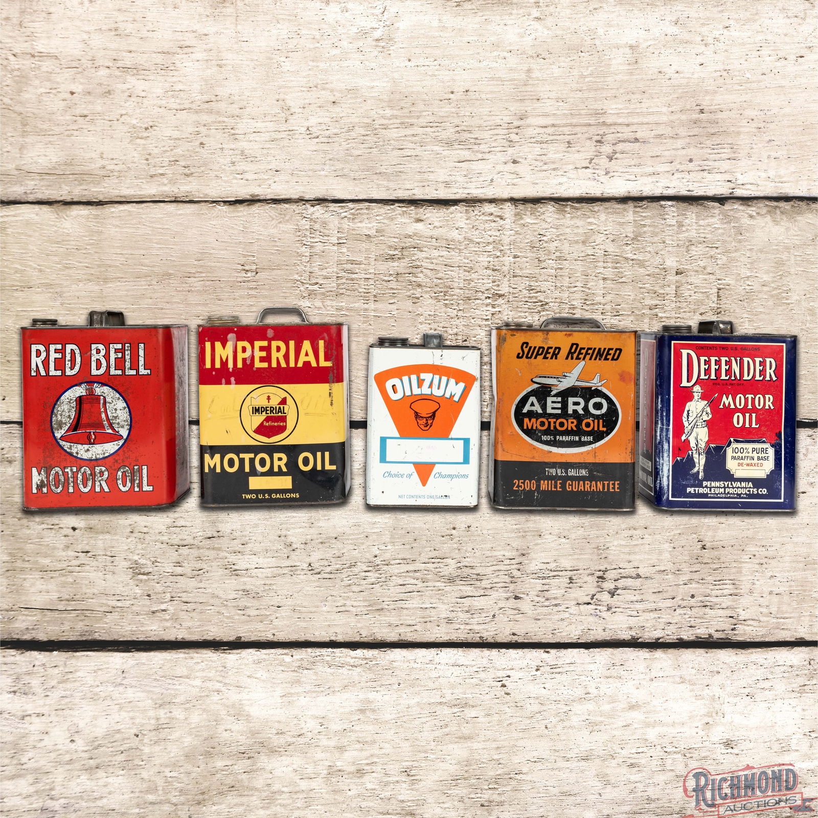 Group of 5 Metal Two Gallon Oil Cans Aero Imperial Defender Red Bell Oilzum (1 of 6)