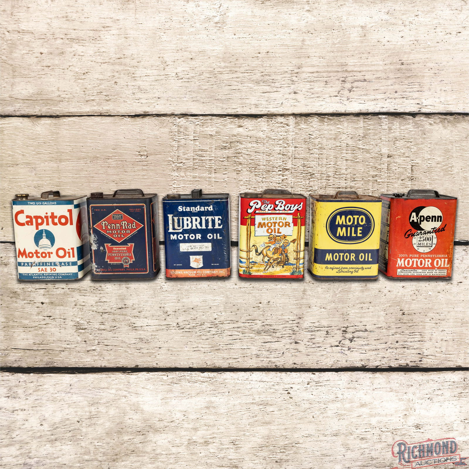 Group of 6 Metal Two Gallon Oils Cans Pep Boys Lubrite Capitol & More (1 of 6)