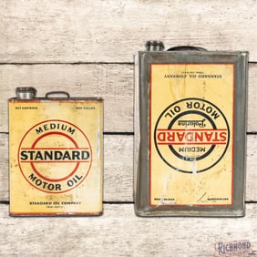 Pair of Standard Motor Oil Metal Cans Five Gallon & One Gallon Slim