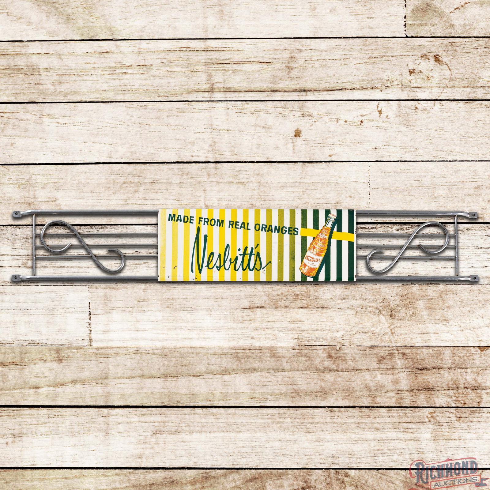 1958 Nesbitt's Real Oranges Single Sided Tin Door Push Sign w/ Bottle: SST (Single Sided Tin) door push sign has very good color and shine. The display has light wear with paint chips and small color matched paint chips, which are primarily in the white painted vertical