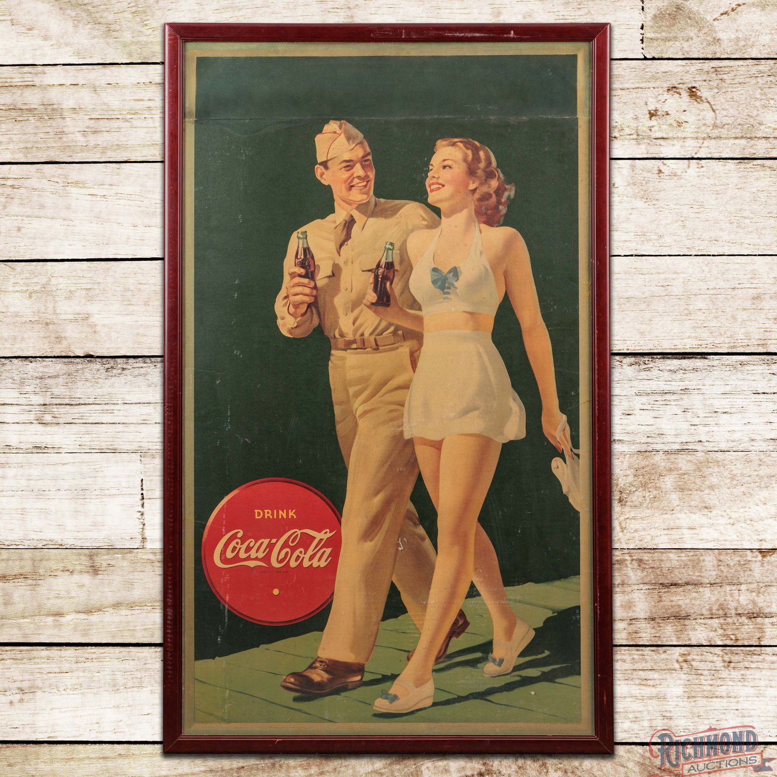 1944 Drink Coca Cola Framed Cardboard Advertising Display Sign w/ Couple (1 of 3)