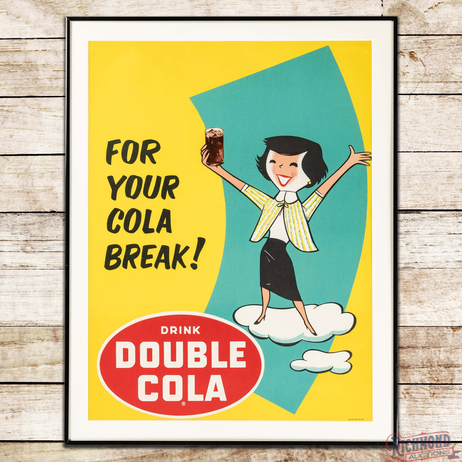 Excellent Drink Double Cola "For Your Cola Break!" w/ Lady & Glass Framed Advertising Poster: Fantastic single sided advertising poster has been professionally framed under plexiglass. The poster has outstanding color and graphics. The field is very clean overall with light marks and the perim