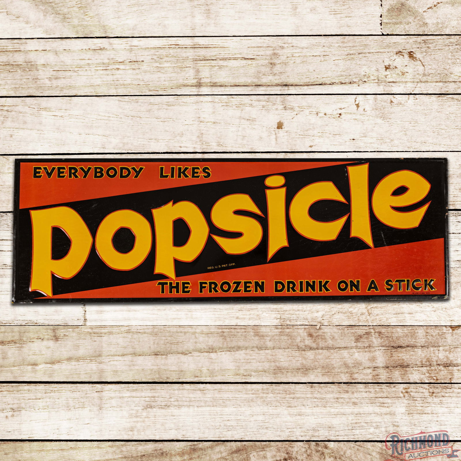 Everybody Likes Popsicle "The Frozen Drink on a Stick" Emb. Single Sided Tin Sign: SST (Single Sided Tin) embossed self-framed sign has excellent color and shine. The field exhibits light wear and paper marks. The perimeter has small paint chips with minor oxidation. The sign is mar