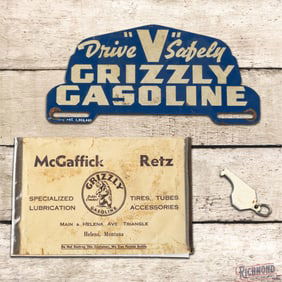 3 Grizzly Gasoline Items Tin License Attachment McGaffick Retz Helena MT Dust Cloth Holder & Whistle
