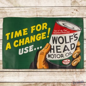 Impressive NOS Wolf's Head Time for a Change! Advertising Banner Sign w/ Quart Can & Hand